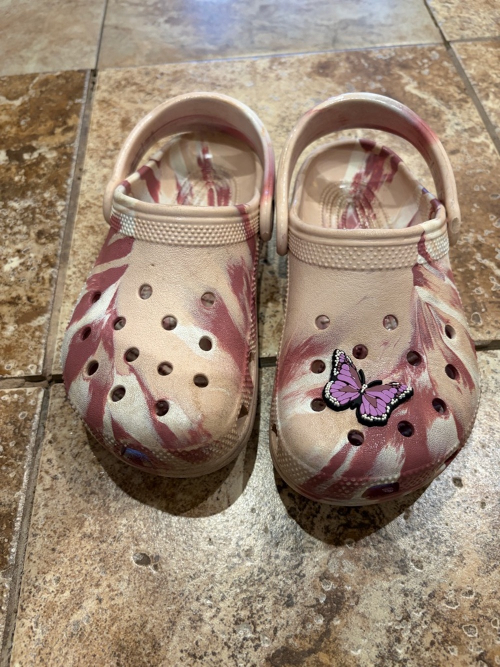 CROCS Pink Marble Kids Clog Sandals with Butterfly Charm